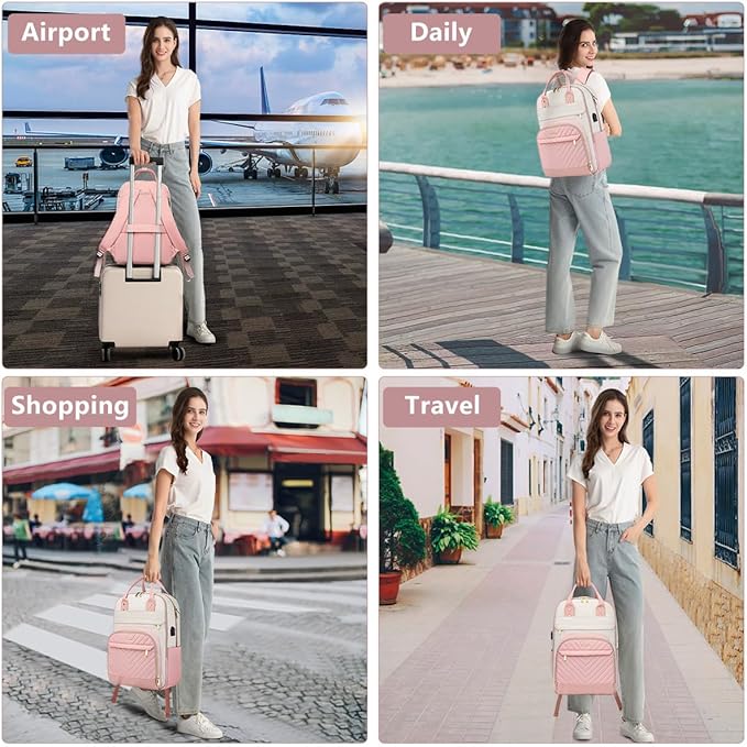 bagswan Laptop Backpack for Women Work - 15.6 Inch Travel Backpack Fashion Work Business Backpacks Purse Warterproof College Teacher Nurse Computer Daypack Beige Pink