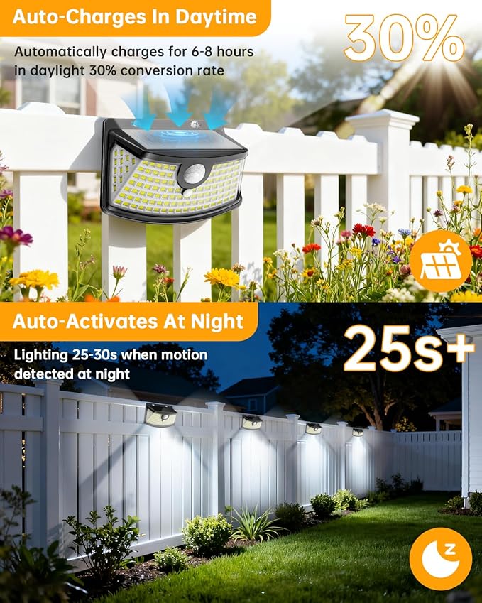 Aootek New Solar Motion Sensor Lights 120 LEDs with Lights Reflector,270° Wide Angle, IP65 Waterproof, Step Lights for Front Door, Yard, Garage, Deck (Black, Daylight White, 1-Pack)
