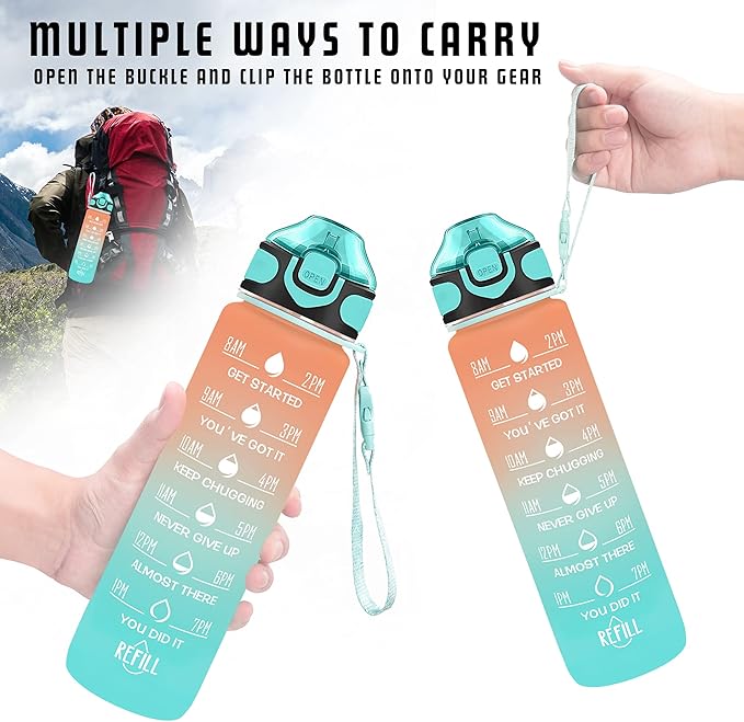 Enerbone 32 oz Water Bottle with Times to Drink and Straw, Motivational Drinking Water Bottles with Carrying Strap, Leakproof BPA & Toxic Free, Ensure You Drink Enough Water for Fitness Gym Outdoor