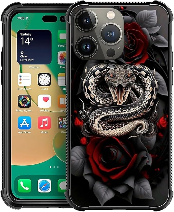 for iPhone 14 Pro Case, Entwined Rose Snake Pattern Graphic Design Girl Boy Soft Silicone Hard Acrylic Shock Protection for iPhone 14 Pro