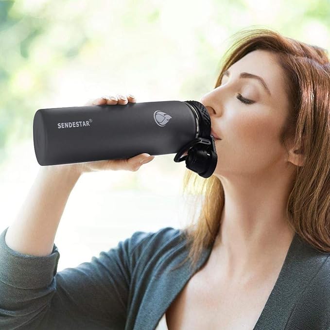 SENDESTAR Stainless Steel Water Bottle, Wide Mouth 32 oz Water Bottle with Straw Lid, Spout Lid, Double Wall Vacuum Insulated Leak Proof, Keeps Liquids Hot or Cold (Gray)
