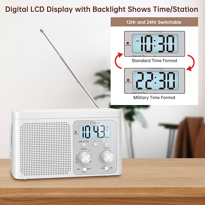 DreamSky AM FM Radio Portable - Shortwave Radio Battery Powered or Plug in Wall for Home Outdoor, Strong Reception, Large Dial Easy to Use, Digital Time Display, Transistor Antenna, Seniors Small Gift