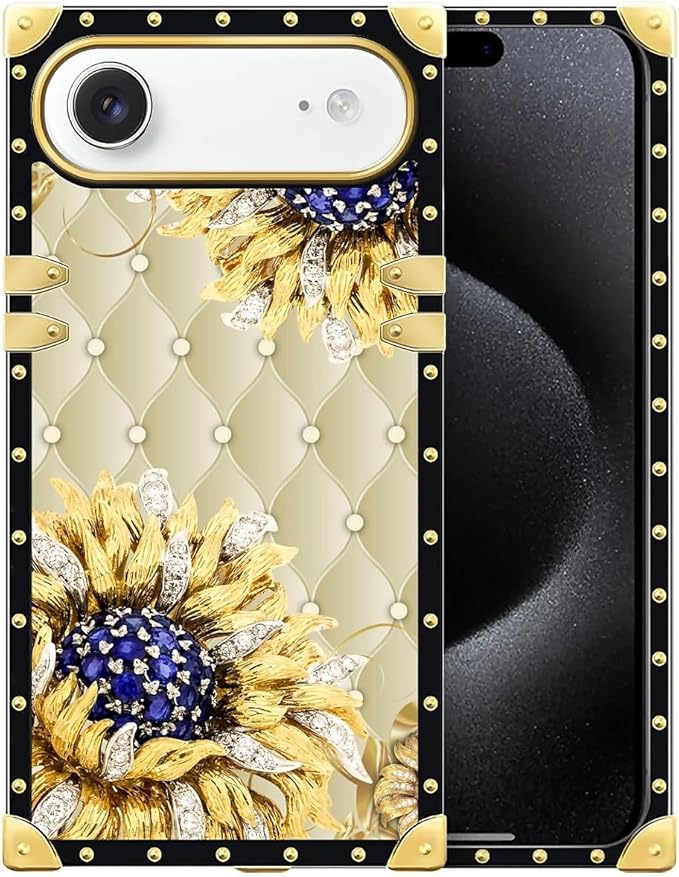 for iPhone 17 Air Case Luxury Golden Decoration for Girl Women Soft TPU Shockproof Protective Hard PC Back for iPhone 17 Air Crazy Pattern Sunflower Diamonds Leather