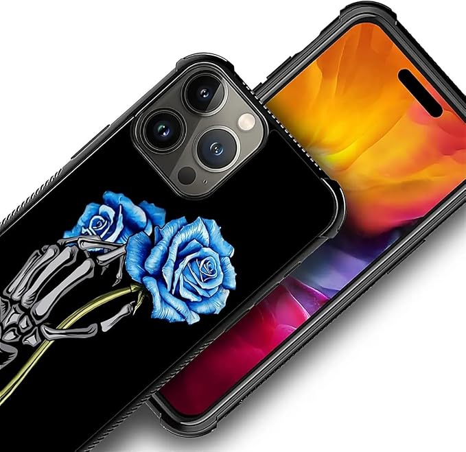for iPhone 16 Pro Max Case, Skeleton Holding Blue Rose Pattern Graphic Design Girl Boy Soft Silicone Hard Acrylic Shock Protection for iPhone 16 Pro Max