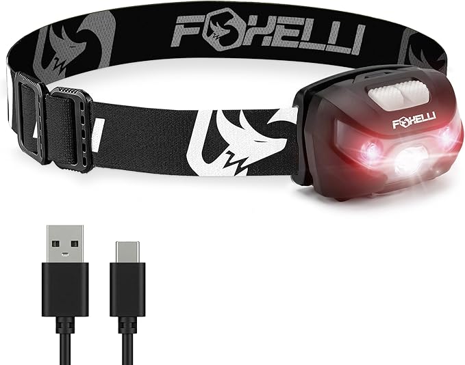Foxelli USB-C Rechargeable LED Headlamp – Super Bright, Lightweight Head Lamp for Running, Camping, Hiking & Work – Comfortable Fit for Adults & Kids