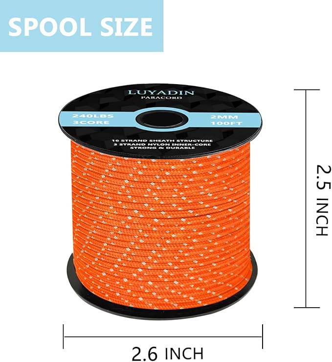 Reflective Paracord 240lb - Diameter 2mm Micro Utility Cord -3 Strand Parachute Spool Cord - 100ft 200ft,Paracord for Camping,Hiking,Fishing,Outdoor and DIY
