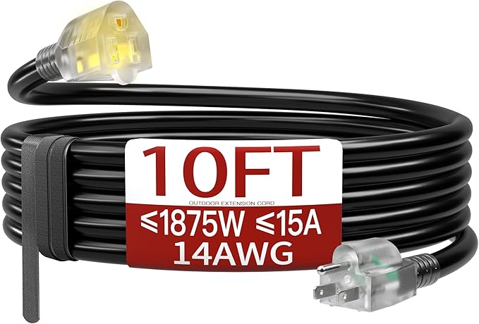 10 FT 14/3 Extension Cord Outdoor, Heavy Duty Weatherproof & Flame Retardant Black 3 Prong Power Cord with Light, Outside for Lawn & Garden, 15 Amps 1875 Watts 125 VAC 14AWG SJTW, ETL Listed