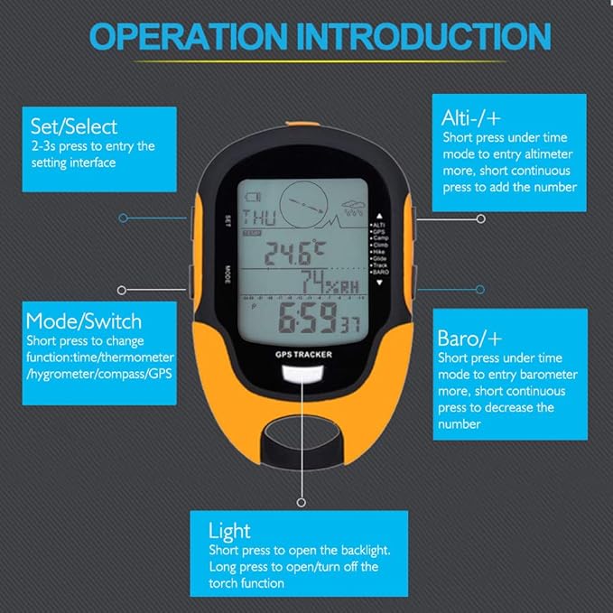 Multifunction Digital Altimeter, Waterproof Handheld GPS Navigator Tracker with Mini Torch, Electronic Barometer Thermometer Compass for Camp Climb Hike