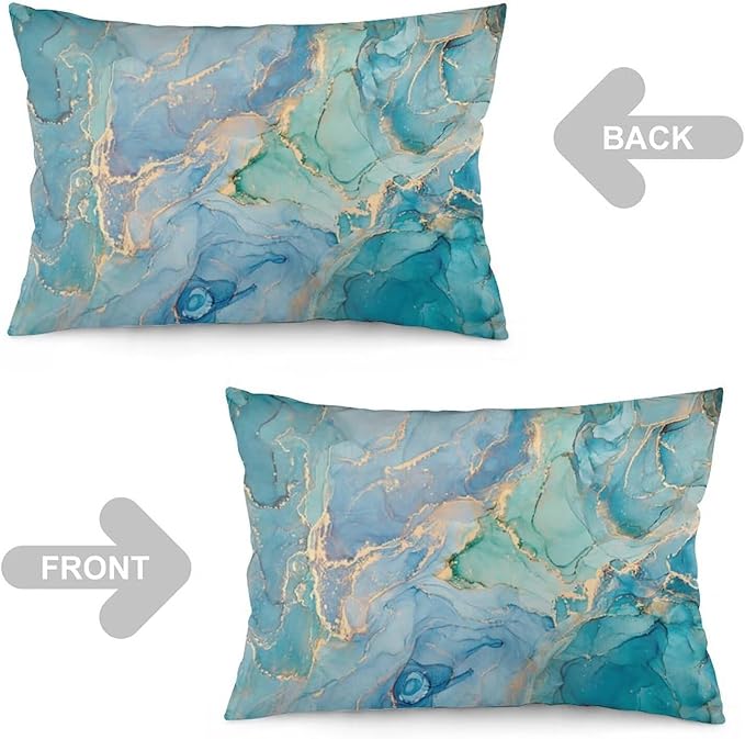 Teal Marble Throw Pillow Covers Set of 2 Queen Size Turquoise Blue Gold Natural Luxury Abstract Fluid Pillow Cushion Cases Standard Pillow Cases Decorative Pillowcase 20X30 Inch for Sofa Bed