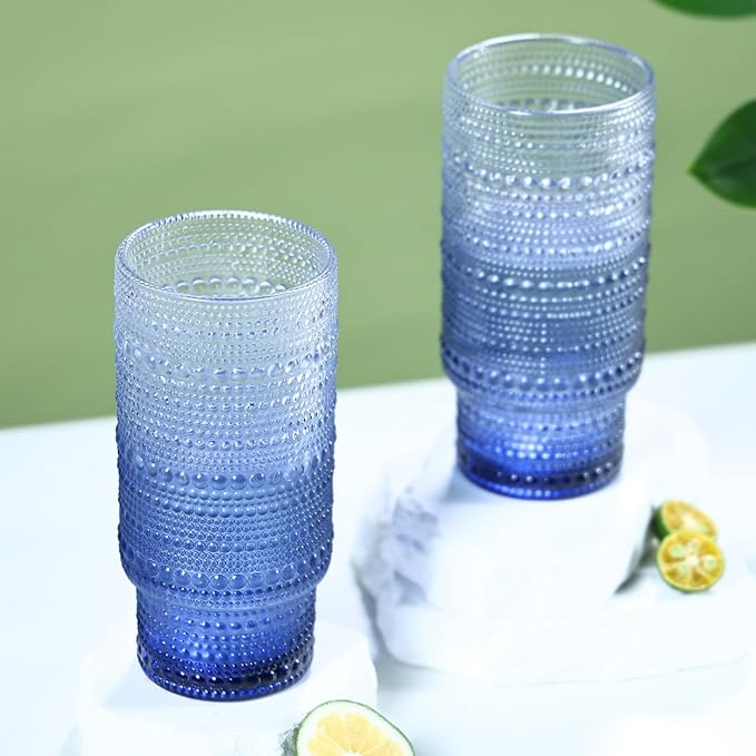 Large Capacity 16 oz Hobnail Drinking Glasses Set of 6, Vintage Glassware Drinking Glasses, Gradual Gray-blue Water Glasses Tumbler, Cups for Kitchen, Juice, Beer, Cocktail, Whiskey
