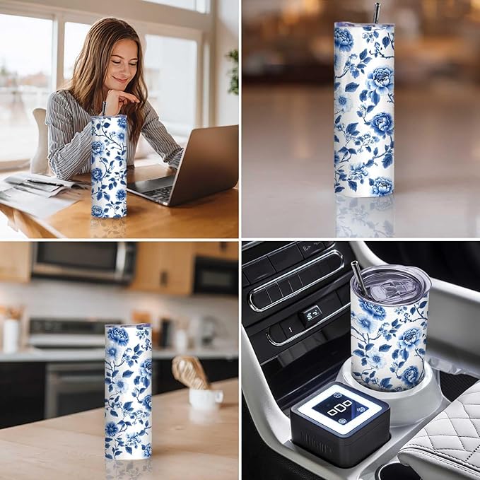 Firmiso 20 oz Tumbler｜Skinny Insulated Travel Mug｜Blue White Peony Chinoiserie Stainless Steel Cup with Lid and Telescopic Straw｜Elegant Floral Drinkware｜Gift Idea for Women and Men