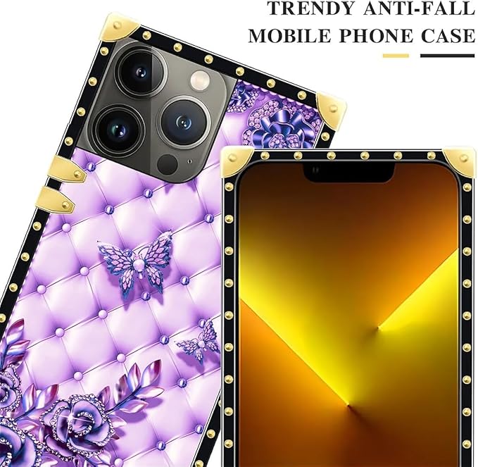 Compatible with iPhone 13 Pro Max Case, Purple Butterfly Flowers Leaf Luxury Golden Decoration for Girl Women Soft TPU Shockproof Protective Hard PC Back for iPhone 13 Pro Max