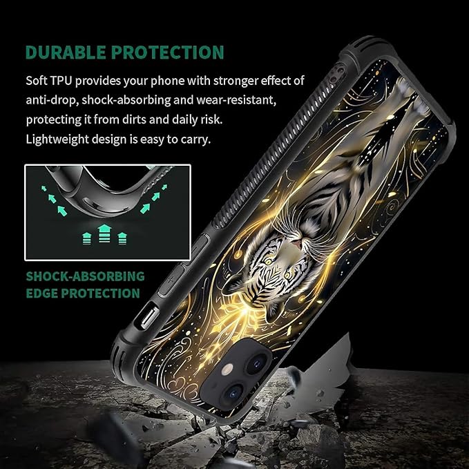 for iPhone 12/12 Pro Case, White Tiger Golden Mystery Pattern Graphic Design Girl Boy Soft Silicone Hard Acrylic Shock Protection for iPhone 12/12 Pro