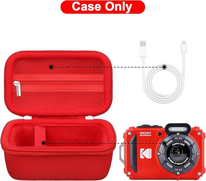 Canboc Carrying Case for Kodak PIXPRO WPZ2 Rugged Waterproof Digital Camera, Underwater Photography Camera Bag, Mesh Pocket fits USB Cable, Battery, Adapter, Red (Case Only)