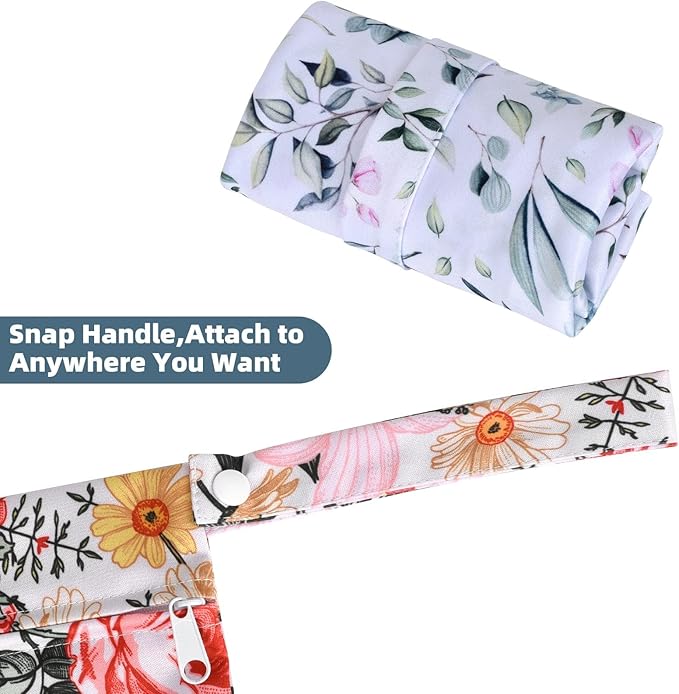 2 Pcs Wet Dry Bags for Baby Cloth Diapers,Washable Travel Bags,Beach,Pool,Gym Bag for Swimsuits or Wet Clothes with 2 Pockets-Floral
