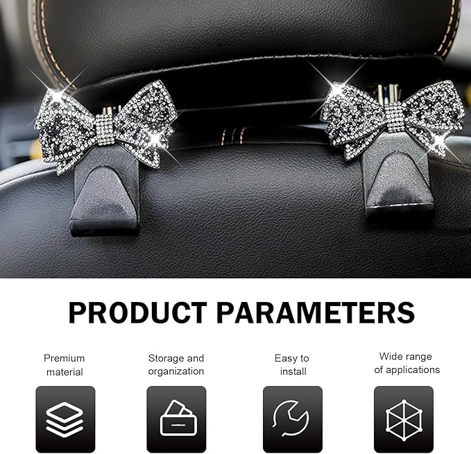 2 PCS Bling Bow Car Seat Headrest Hooks, Cute Rhinestone Bow Car Seat Back Storage Decor Hook, Multi-Purpose Rear Hanger Holder for Bags, Purse, Clothes (Black)