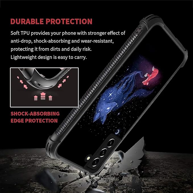 for Samsung Galaxy S22 Case, Galaxy Fox Wolf Pattern Graphic Design Girl Boy Soft Silicone Hard Acrylic Shock Protection for Samsung Galaxy S22