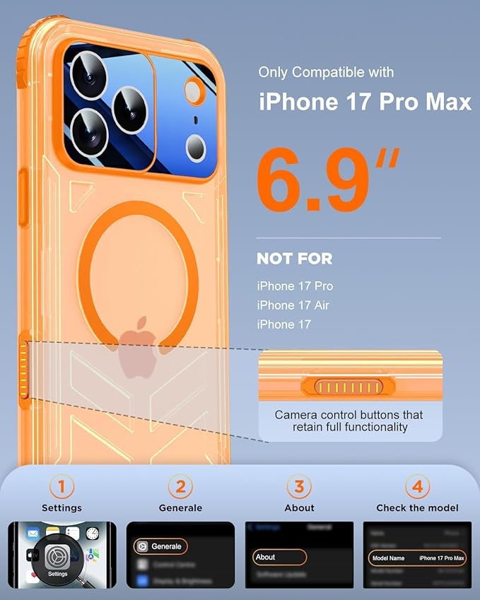 for iPhone 17 Pro Max Waterproof Case with Magsafe, Built-in [Camera & Screen Protector] [Lanyard], IP68 Water Proof Full Body Dustproof Heavy Duty Frosted Protective Phone Cover, 6.9" Orange
