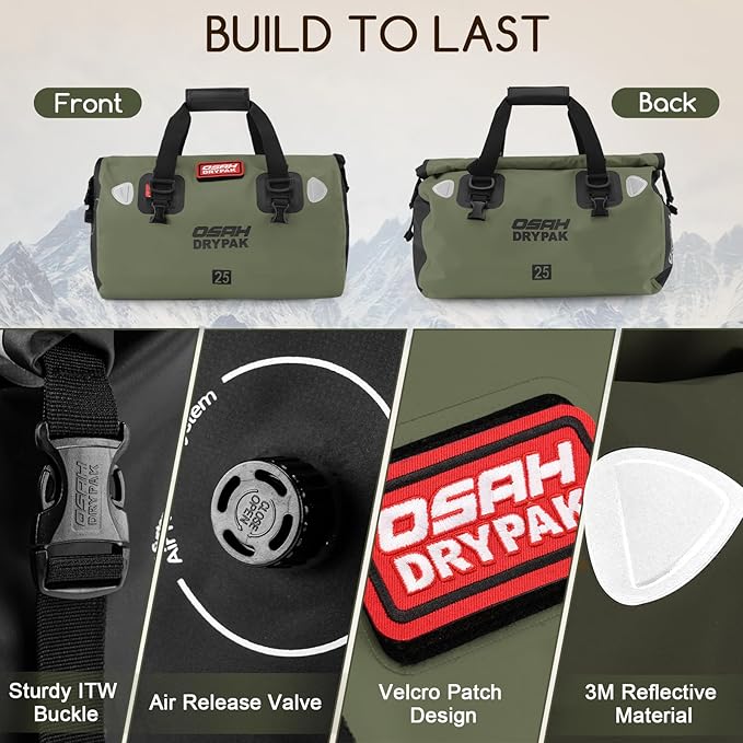 OSAH DRYPAK Waterproof Duffel Bag - Motorcycle Dry Bag Tail Bag with Large Storage Space, Waterproof Luggage Duffle Bags with Outer Mesh Zipper Pocket for Camping, Kayaking, Fishing & Traveling