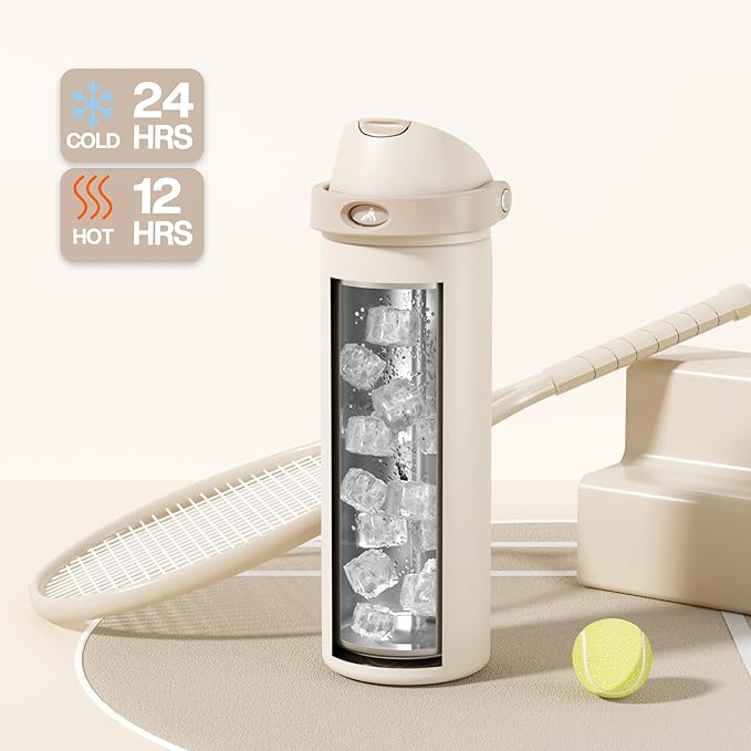 POWCAN 24 oz Insulated Water Bottle: 2-in-1 Push-Button Spout & Quick-Flip Straw, Leakproof, Cold 24Hrs, Fits Car Cup Holder, Stainless Steel Water Bottle for Sports, Travel, School, Gift (Oat Mousse)