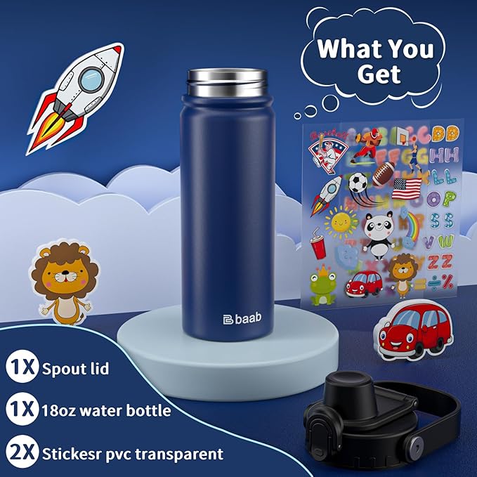 baab 18oz Kids Water Bottle, Insulated Kids Water Bottle with Lockable Spout Lid & Stickers, 18/8 Stainless Steel Vacuum Leakproof Kid Water Cup with Handle for Boy Girl & School (Navy Blue, 1 Pack)