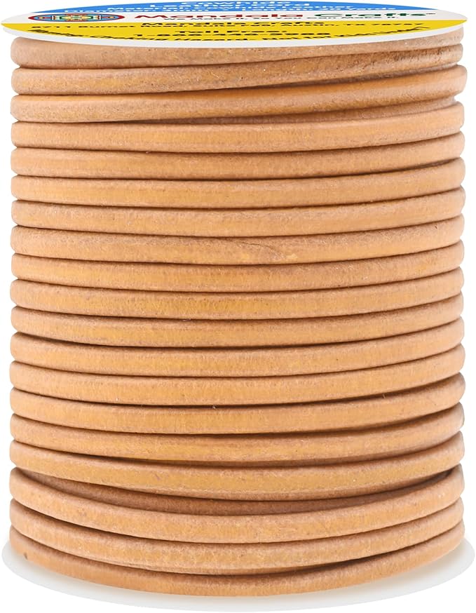 Mandala Crafts Round Genuine Tan Leather Cord for Jewelry Making – 3mm Cowhide Leather Rope String Lace for Kumihimo – 20 Yards Cowhide Craft Cording Spool
