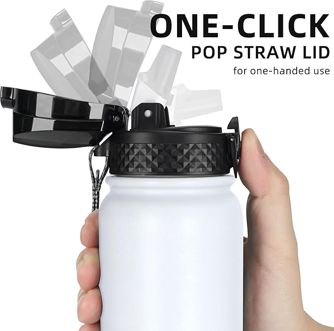 Fanhaw 20 oz Insulated Stainless Steel Water Bottle with Straw Lid, Leakproof & Anti-Dust Sports Bottle for Kids, Women & Men (White Black)