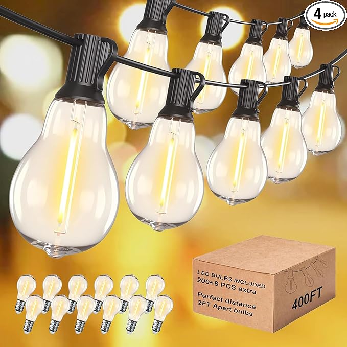 Outdoor String Lights 400FT(4x100) Patio Lights with 212 (12 Spare) Shatterproof Bulbs, String Lights for outside Waterproof hanging for Party,Wedding,Yard, Porch, Bistro, 2200K, Black cord