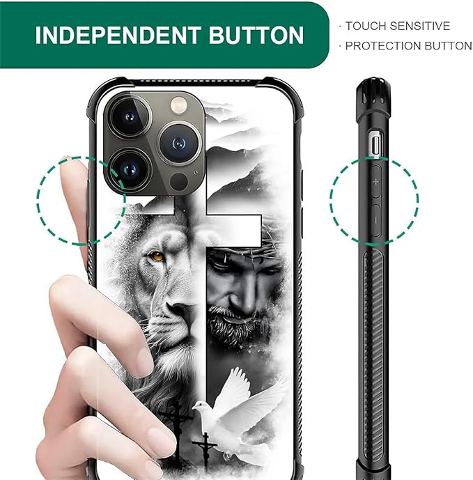 for iPhone 14 Pro Case, Lion Cross Jesus Christ Dove Pattern Graphic Design Girl Boy Soft Silicone Hard Acrylic Shock Protection for iPhone 14 Pro