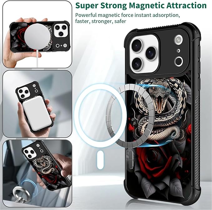 for iPhone 17 Pro Max Case,for MagSafe Graphic Design for Girl Boy Soft Silicone Hard Acrylic Shock Protection Designed for iPhone 17 Pro Max Entwined Rose Snake Pattern