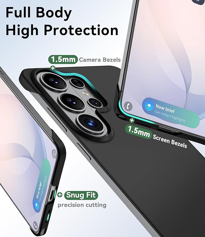 GRECAZO Slim Borderless for Samsung Galaxy S26 Ultra Phone Case 6.9"(2026) Ultra-Thin Lightweight Frameless Matte Hard PC Cover Case with Pull Ring Minimalist Non Slip Rope-Black
