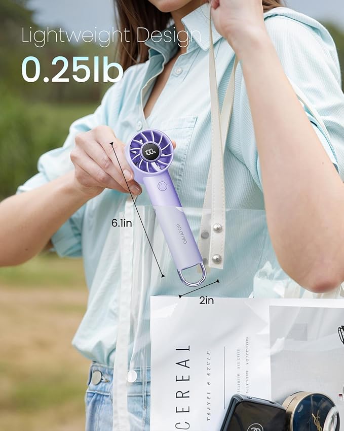 Gaiatop Portable Mini Fan, 3 Speed Handheld Fans with Power Display Flashlight, USB Rechargeable Battery, Lightweight Personal Cooling for Women Men Indoor Outdoor Travel Purple