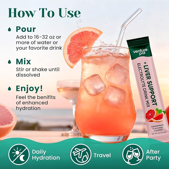 Venture Pal Hydration Packets + Liver Support- Liquid Daily IV Electrolyte Powder Packets with 7 Electrolytes & 5 Vitamins, Milk Thistle + L-Theanine | Sugar-Free | Keto Friendly | Vegan, 16 Sticks