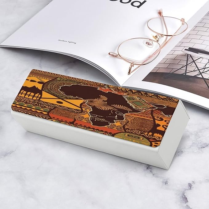 African Map Ethnic Pattern Eyeglass Case Spectacle Case Slim PU Leather Eyeglass Case for Men Women Lightweight Protective Eyewear Storage with Cleaning Cloth