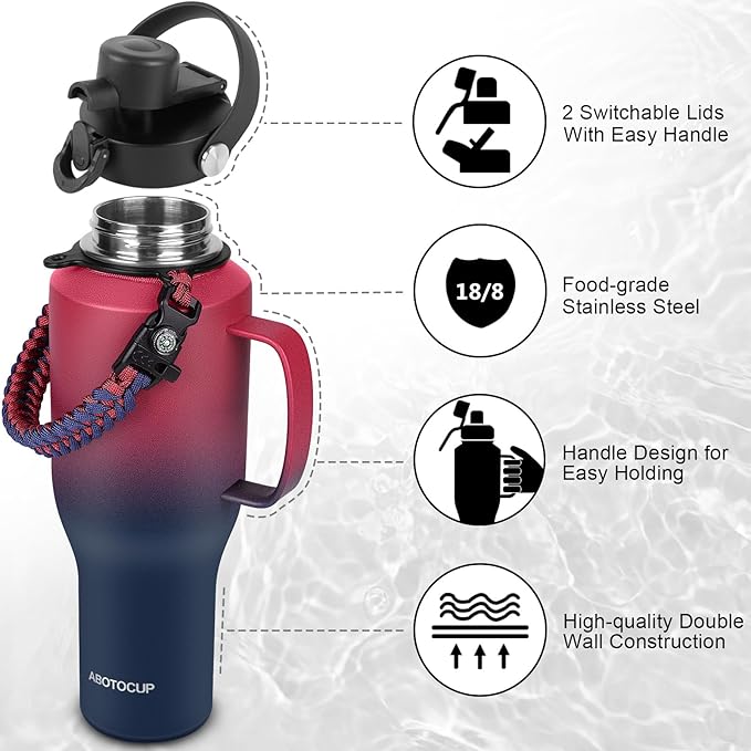 ABOTOCUP Water Bottle 40oz, Insulated Tumblers with Handle & Straw Lid, Insulated Water Bottle Fits in Cup Holder, Double Wall BPA-Free, Stainless Steel Travel Cup Leak-proof to Keep Cold 24H&Hot12H