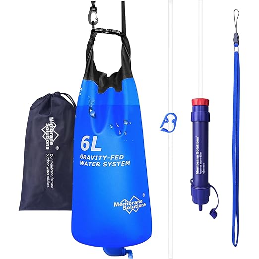Membrane Solutions Gravity Water Filter Pro 6L, NSF/ANSI 42&372&401 Certified, 0.1 μm Versatile Water Purifier Camping with Adjustable Tree Strap Storage Bag, Survival Gear for Emergency Preparedness