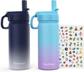 Kids Water Bottle, 2-Pack 16oz Kids Water Bottle with Stickers for School, insulated Stainless Steel Straw Cup(Gray+Blue)