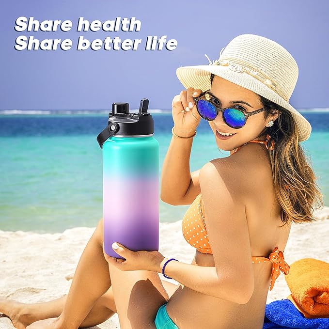 64oz Half Gallon Insulated Water Bottle with 2-in-1 Lid (Chug & Straw), Double Walled Vacuum Stainless Steel Water Bottles, Wide Mouth Leakproof Insulated Jug with Straw