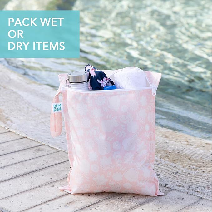 Bumkins - Waterproof Wet Bag - For Baby, Travel, Swim Suit, Cloth Diapers, Pump Parts, Pool, Gym, Toiletry, Strap to Stroller - Reusable & Easy to Clean - 2pk - Pink Lace