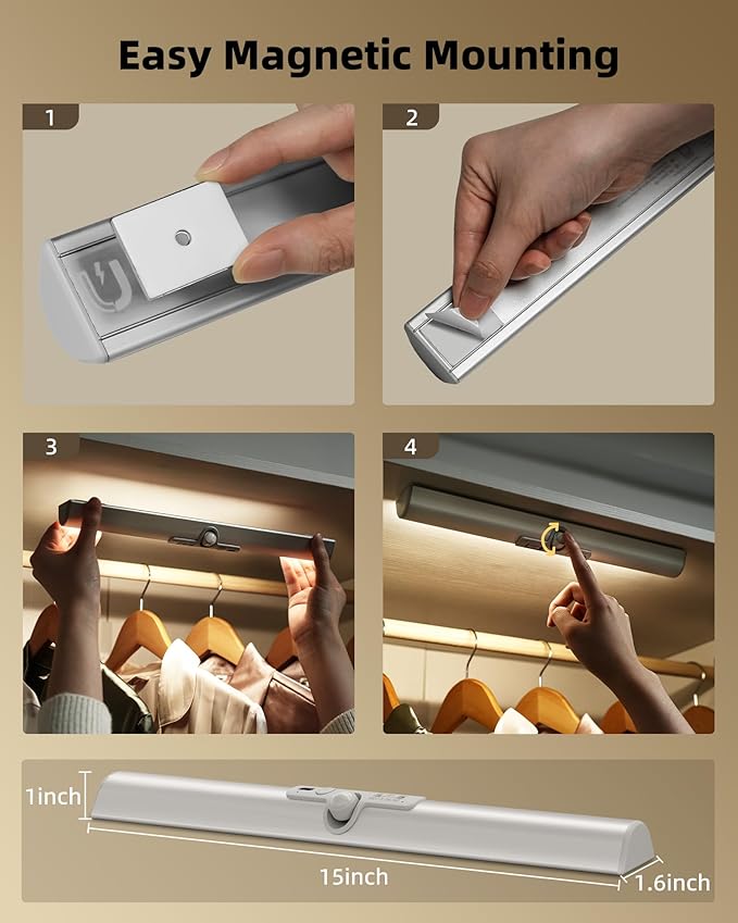 EZVALO 15-inch Motion Sensor Closet Light, 1800mAh Rechargeable Battery-Operated LED Light, Rotatable Sensor, 3 Color Temperatures & Stick-On Light for Closet, Pantry, Stairs