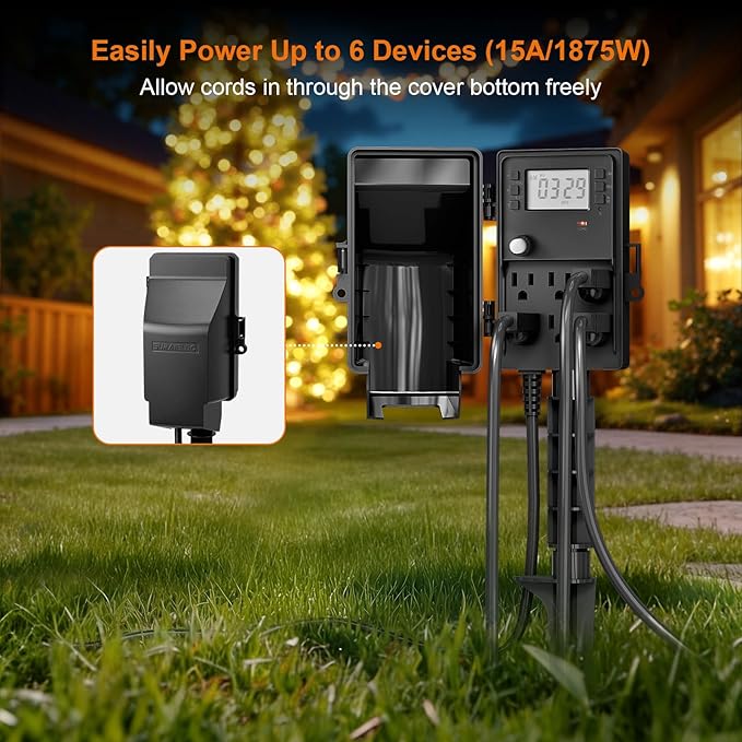 SURAIELEC Outdoor Power Stake, 7-Day Programmable Digital Timer, Power Strip Weatherproof, 6 Multi Plug Electrical Outlet Waterproof, 6 ft Extension Cord for Outside Light, Halloween Decoration