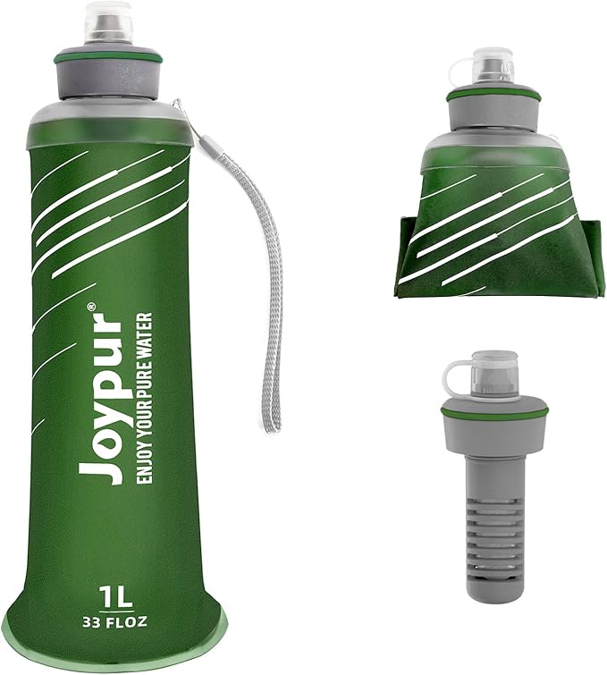 Water Filter Survival - Collapsible Water Bottle with Filter 0.01 Micron Squeeze Filtered Water Bottle 32oz for Hiking Backpacking Camping BPA-Free(Green 1000ml)