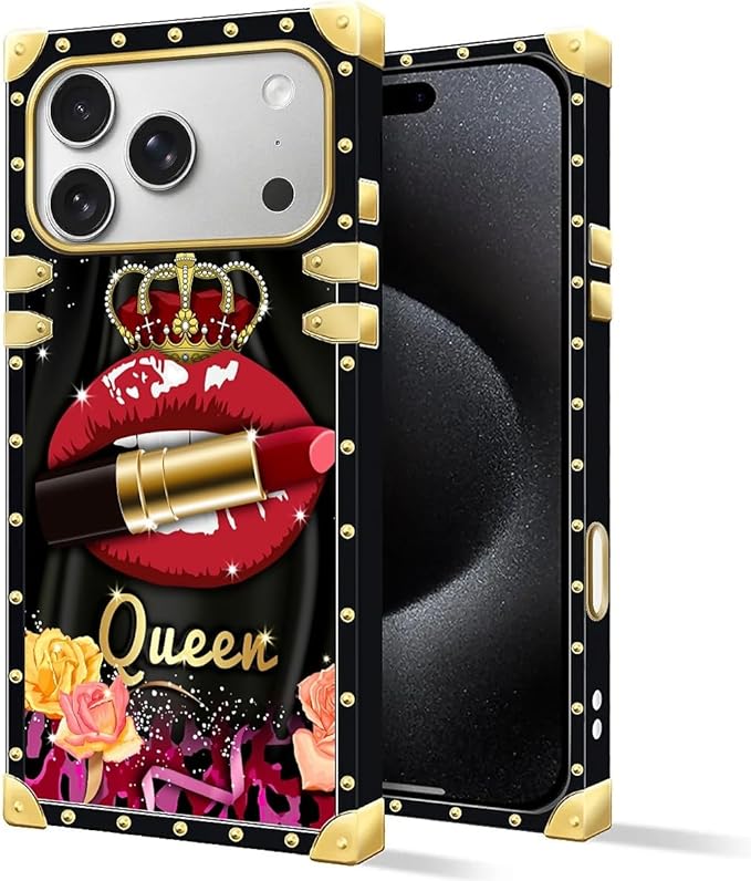 for iPhone 17 Pro Max Case Luxury Golden Decoration for Girl Women Soft TPU Shockproof Protective Hard PC Back for iPhone 17 Pro Max Crazy Pattern Queen Lip Crown Leopard Print