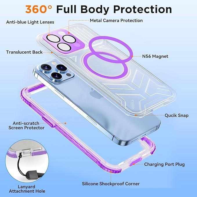 WIFORT for iPhone 15 Pro Waterproof Case, [IP68 Underwater Dustproof][Built-in Screen][15FT Military Shockproof], 360 Full Body Sealed Protection Cover Magnetic Frosted Phone Case, 6.1" Purple