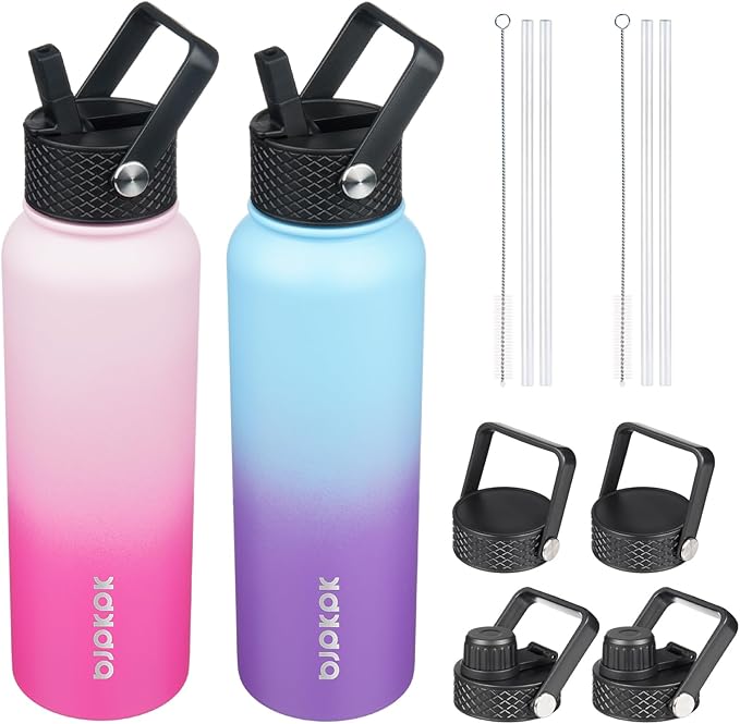 BJPKPK 2 Pack Insulated Water Bottles with Straw Lids, 40oz Stainless Steel Metal Water Bottle with 6 Lids, Leak Proof BPA Free Jugs, Cups, Flasks for Travel, Sports (Cherry+Ocean Dream)