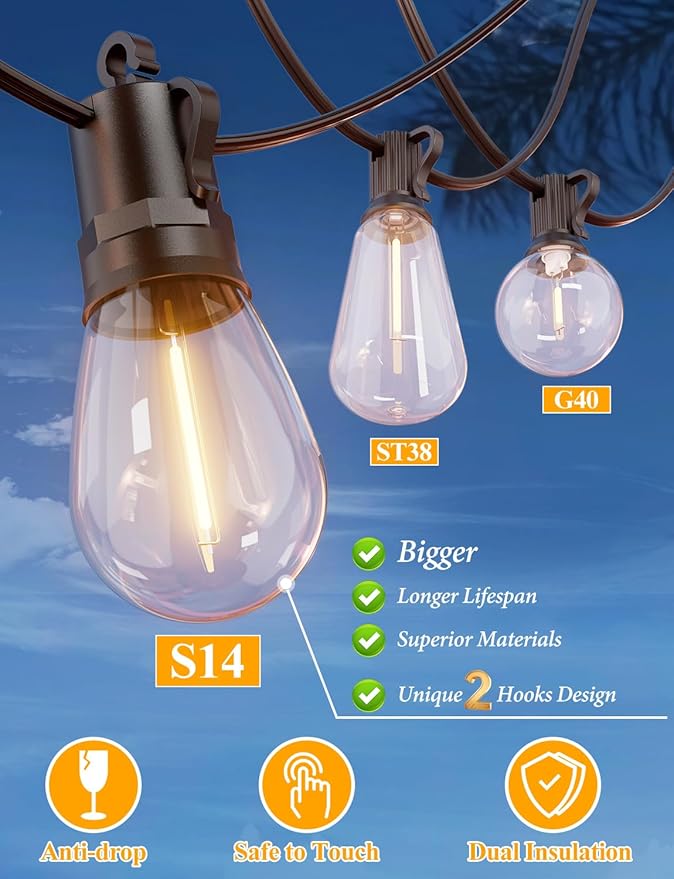 Brightever 120FT Outdoor String Lights Waterproof, LED Patio Lights with 34 S14 Shatterproof Bulbs(2 Spare), 2700K Outside Connectable Hanging Decorative Lights for Cafe, Bistro, Party, Birthday