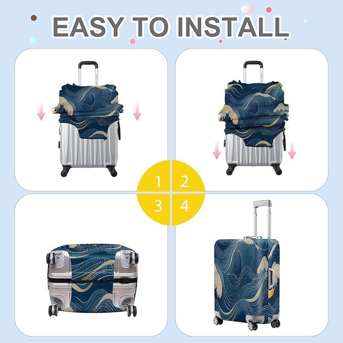 ANNA QUEEN Ocean Wave Luggage Cover, Elegant Blue Flow Line Design Suitcase Protector, Washable Stretchable Travel Sleeve for 28-30 Inch Luggage