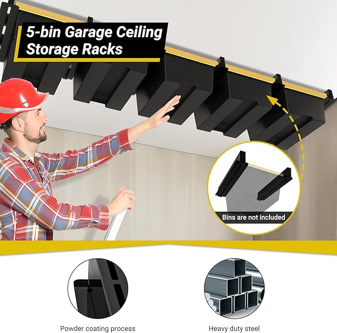 5-bin Overhead Garage Storage Rack, Heavy Duty Ceiling Storage Racks, Powder Coated Tote Storage Rack for Garages, Sheds, Storerooms (6 PCS, for 5 Bins)