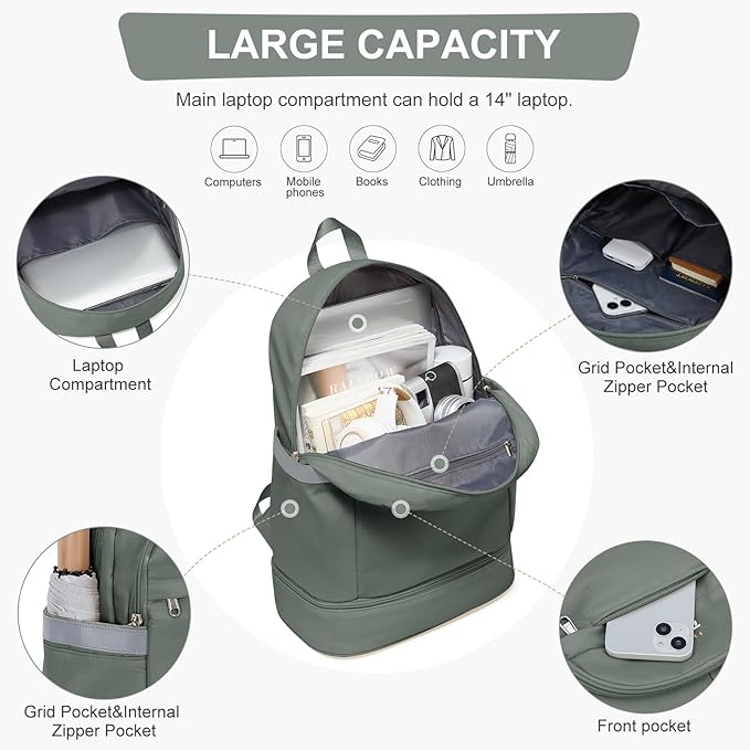 coofay Gym Backpack For Women Men Dance Sports Backpack With Shoe Compartment Waterproof Travel Backpacks Gym Bag Olive Green