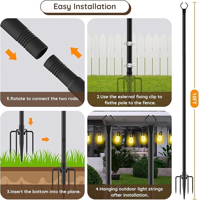 AILBTON 10Ft String Light Poles 8 Pack,Light Poles for Outside Lights,Outdoor with Fence Brackets Hanging Lights,Metal Stand Deck Patio Backyard